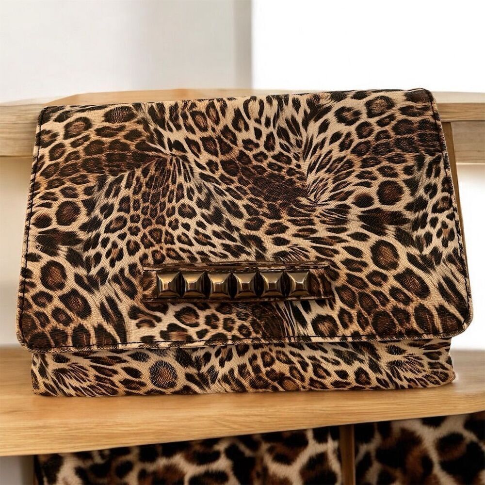 Leopard Print Beige Black Metal Stud Hand Grasp Chain Crossbody Multi Pocket